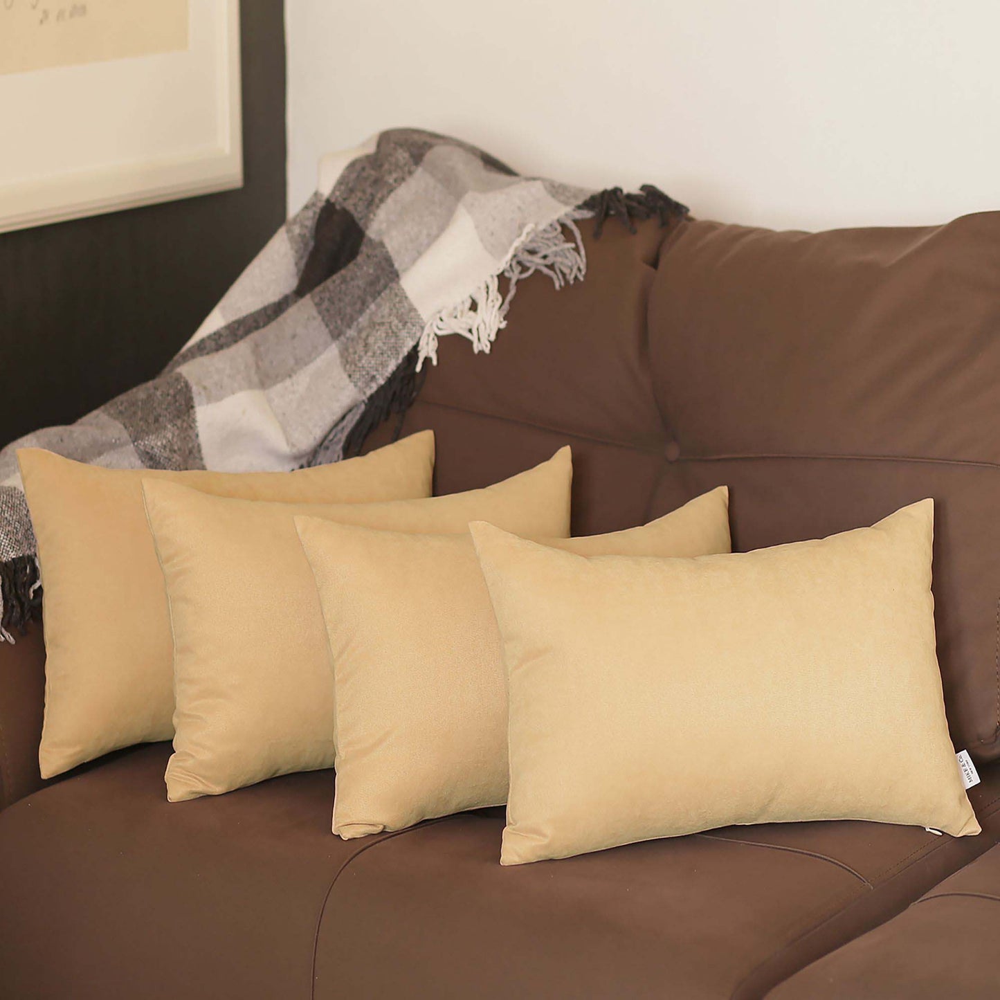 Set Of Four 12" X 20" Beige Polyester Zippered Pillow Cover-4
