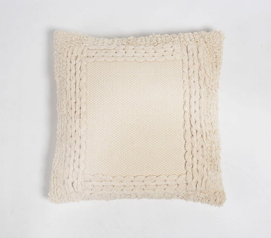 18" Beige Cotton Blend Throw Pillow Cover With Fringe-1