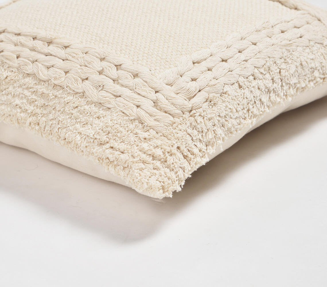 18" Beige Cotton Blend Throw Pillow Cover With Fringe-3