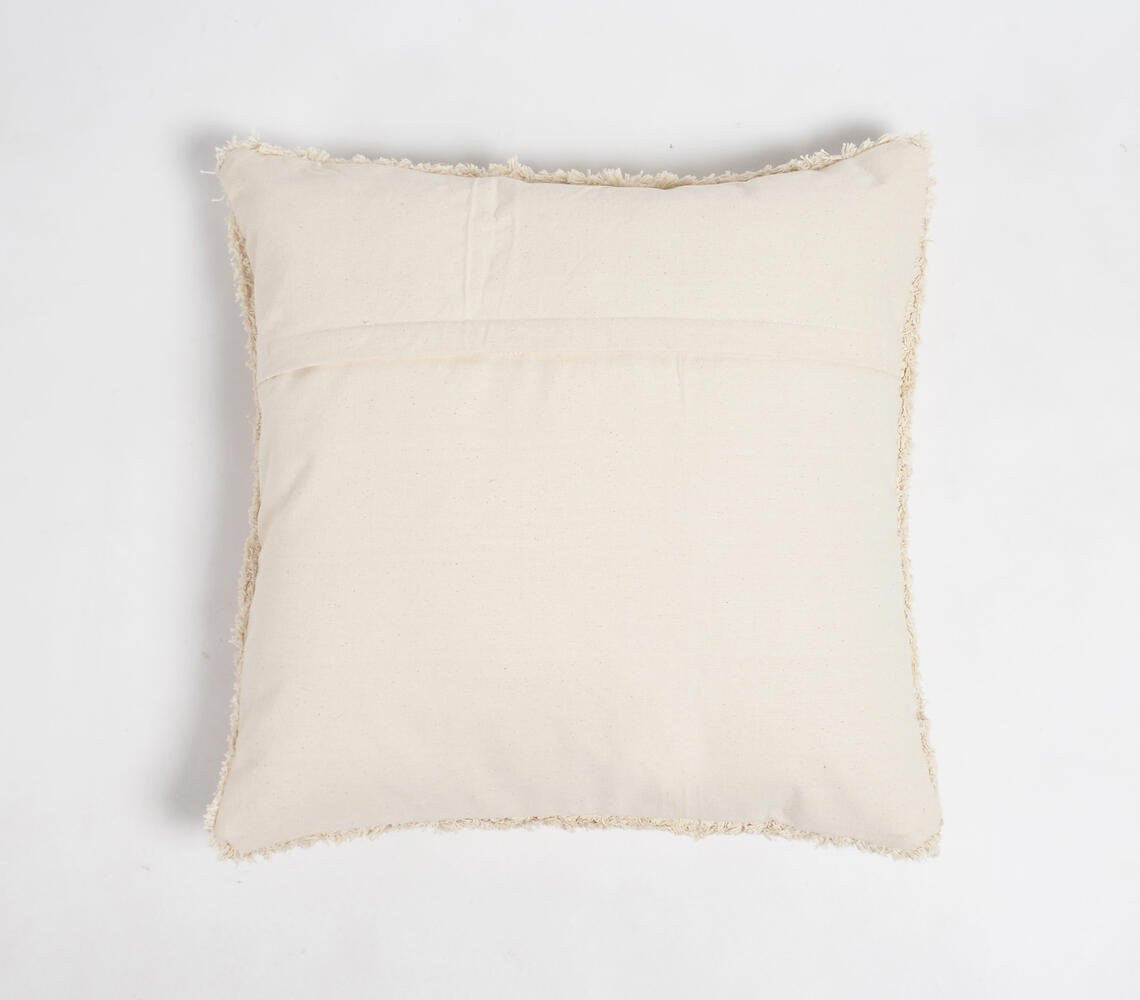18" Beige Cotton Blend Throw Pillow Cover With Fringe-2