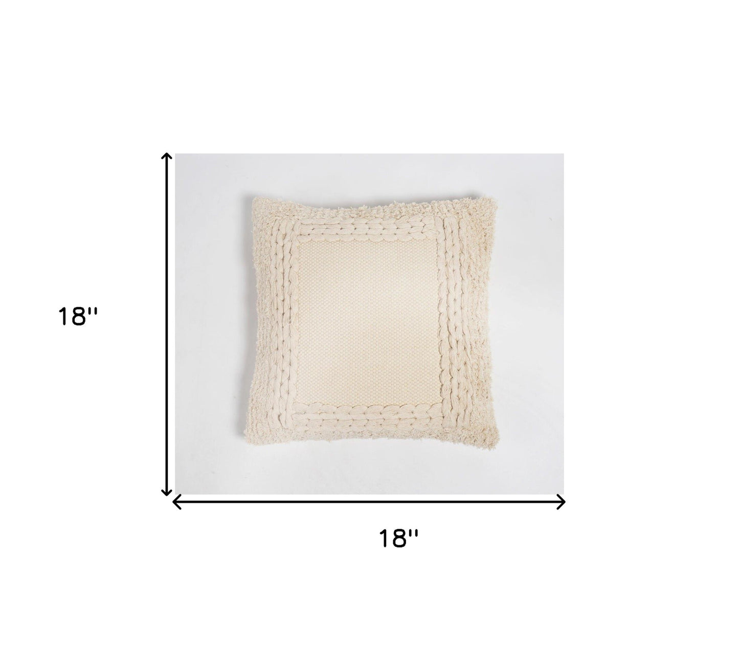18" Beige Cotton Blend Throw Pillow Cover With Fringe-4