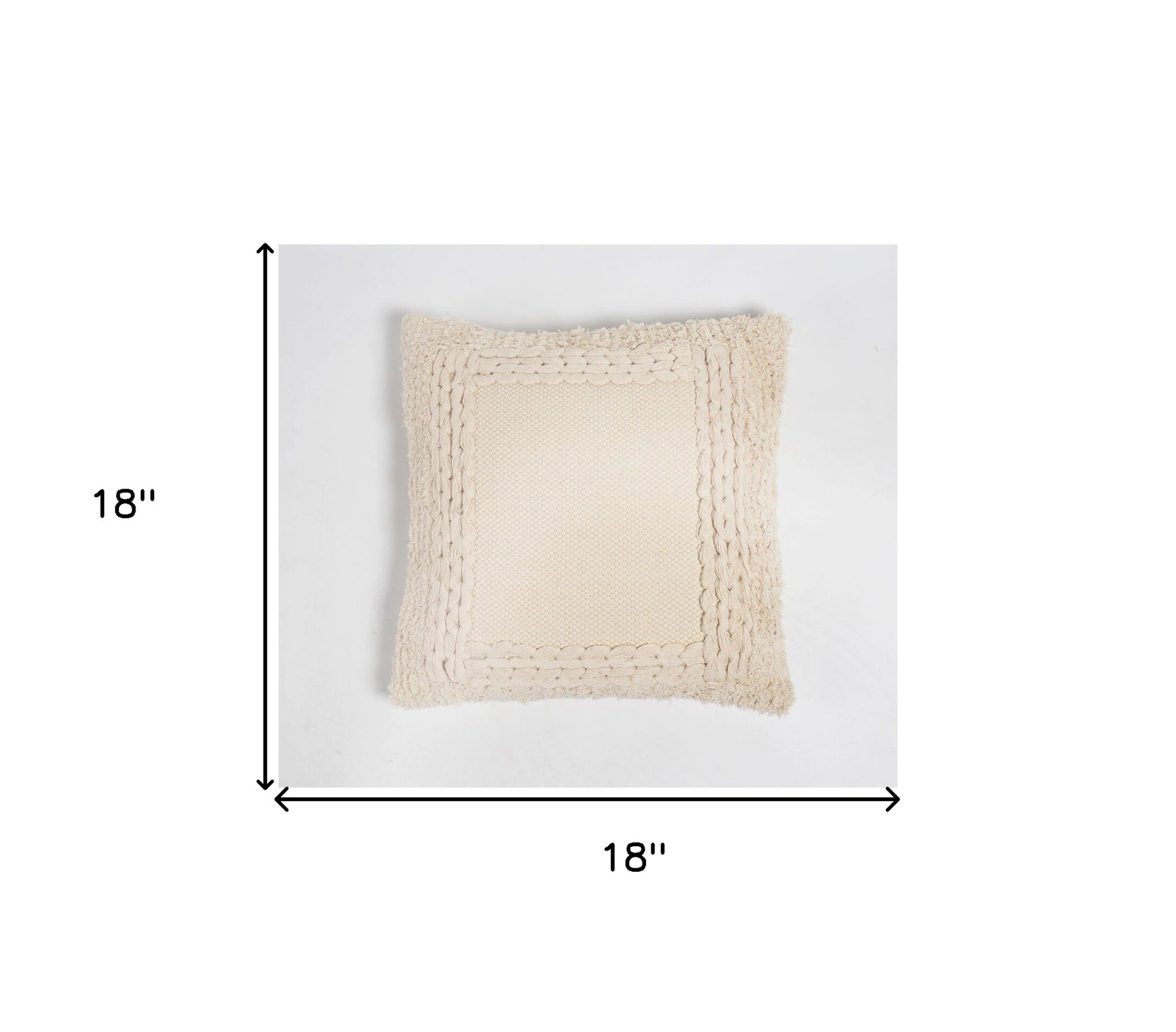 18" Beige Cotton Blend Throw Pillow Cover With Fringe-4