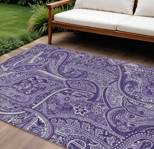 9' X 12' Purple Lavender And Silver Paisley Washable Indoor Outdoor Area Rug-0