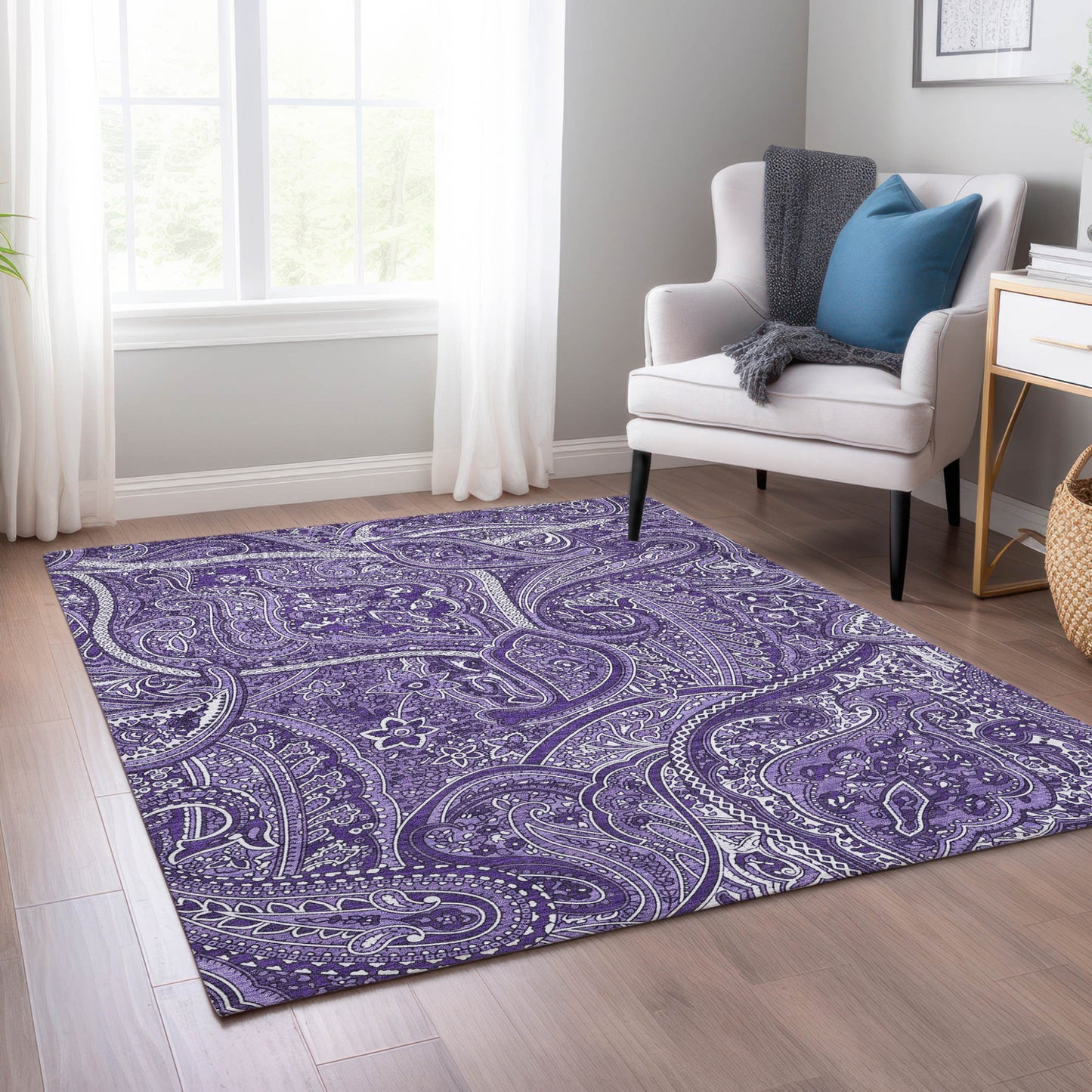9' X 12' Purple Lavender And Silver Paisley Washable Indoor Outdoor Area Rug-6