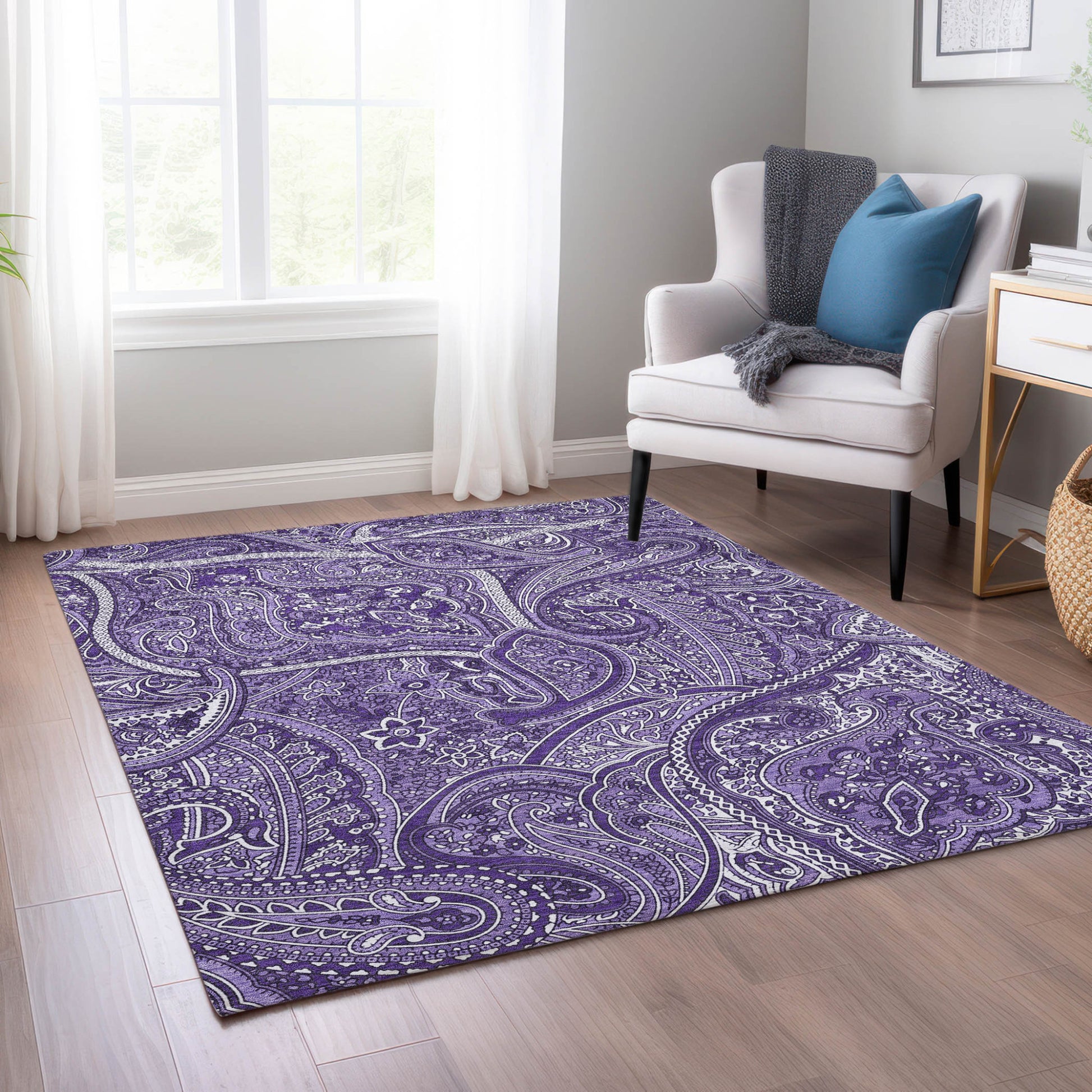 9' X 12' Purple Lavender And Silver Paisley Washable Indoor Outdoor Area Rug-6