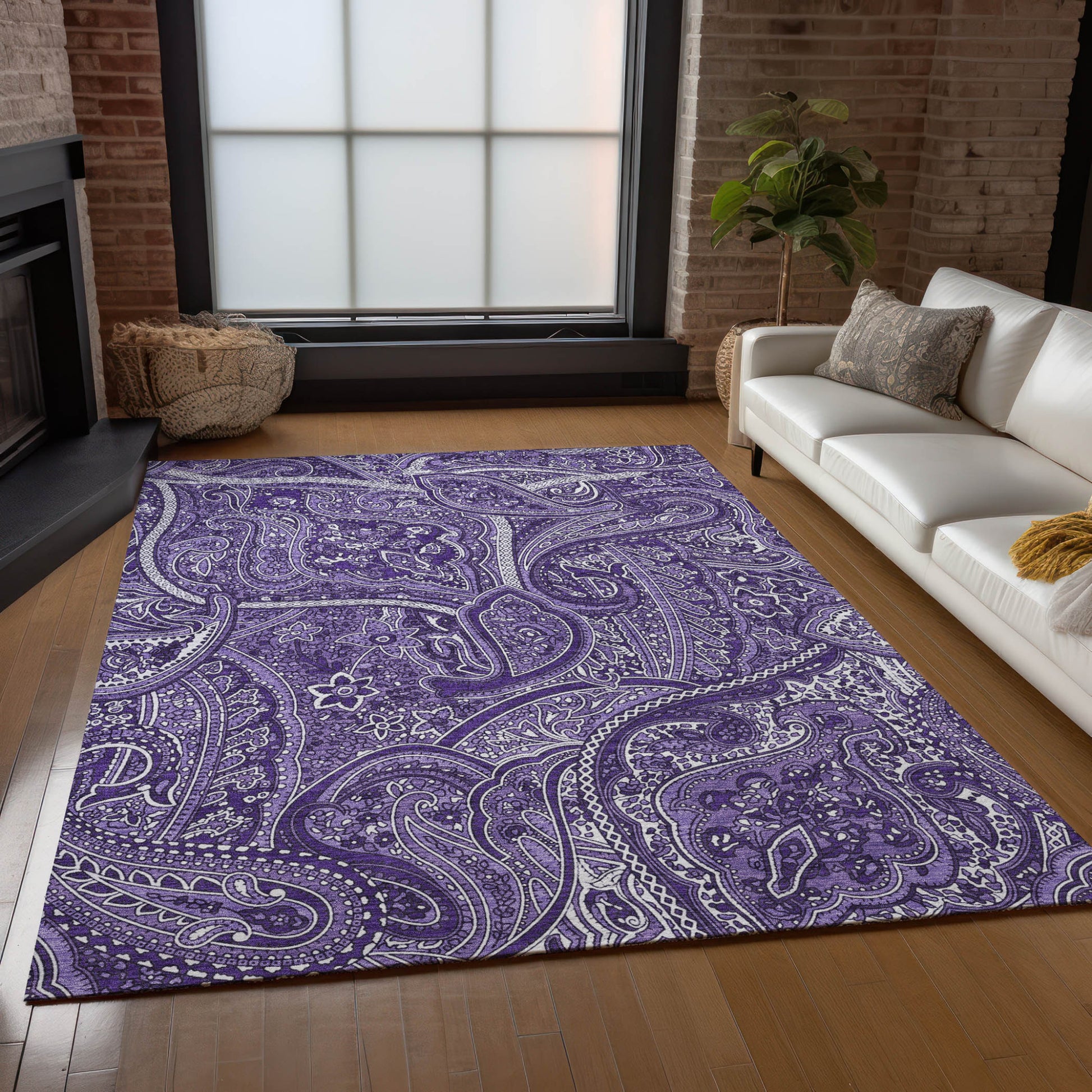 9' X 12' Purple Lavender And Silver Paisley Washable Indoor Outdoor Area Rug-7