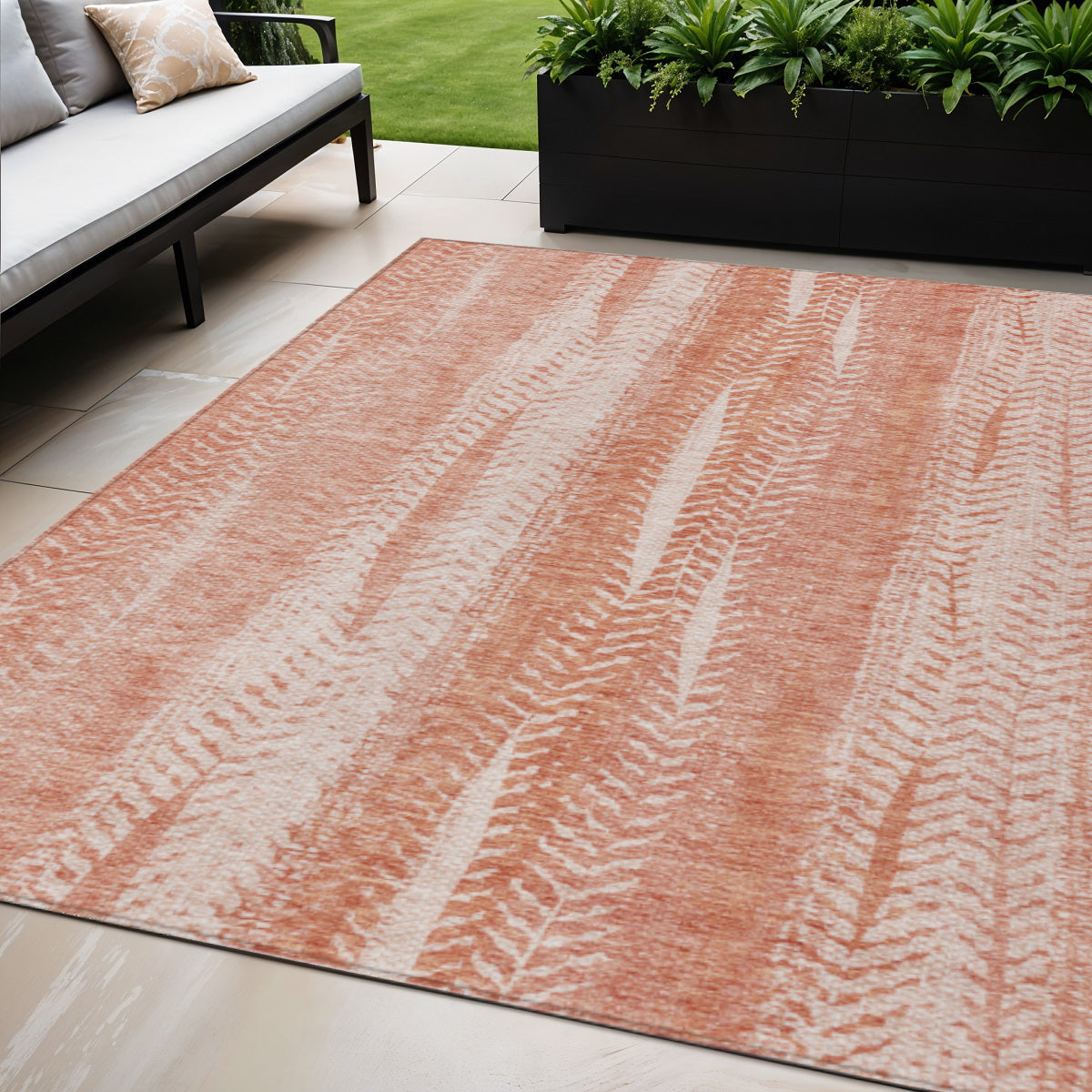 5' X 8' Orange And Salmon Botanical Leaves Washable Indoor Outdoor Area Rug-0