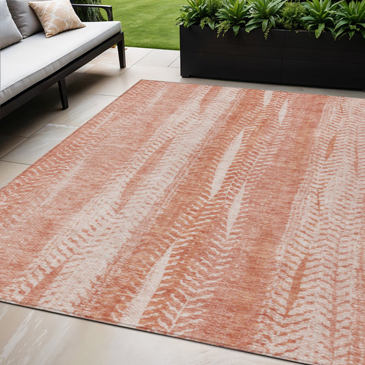5' X 8' Orange And Salmon Botanical Leaves Washable Indoor Outdoor Area Rug-0