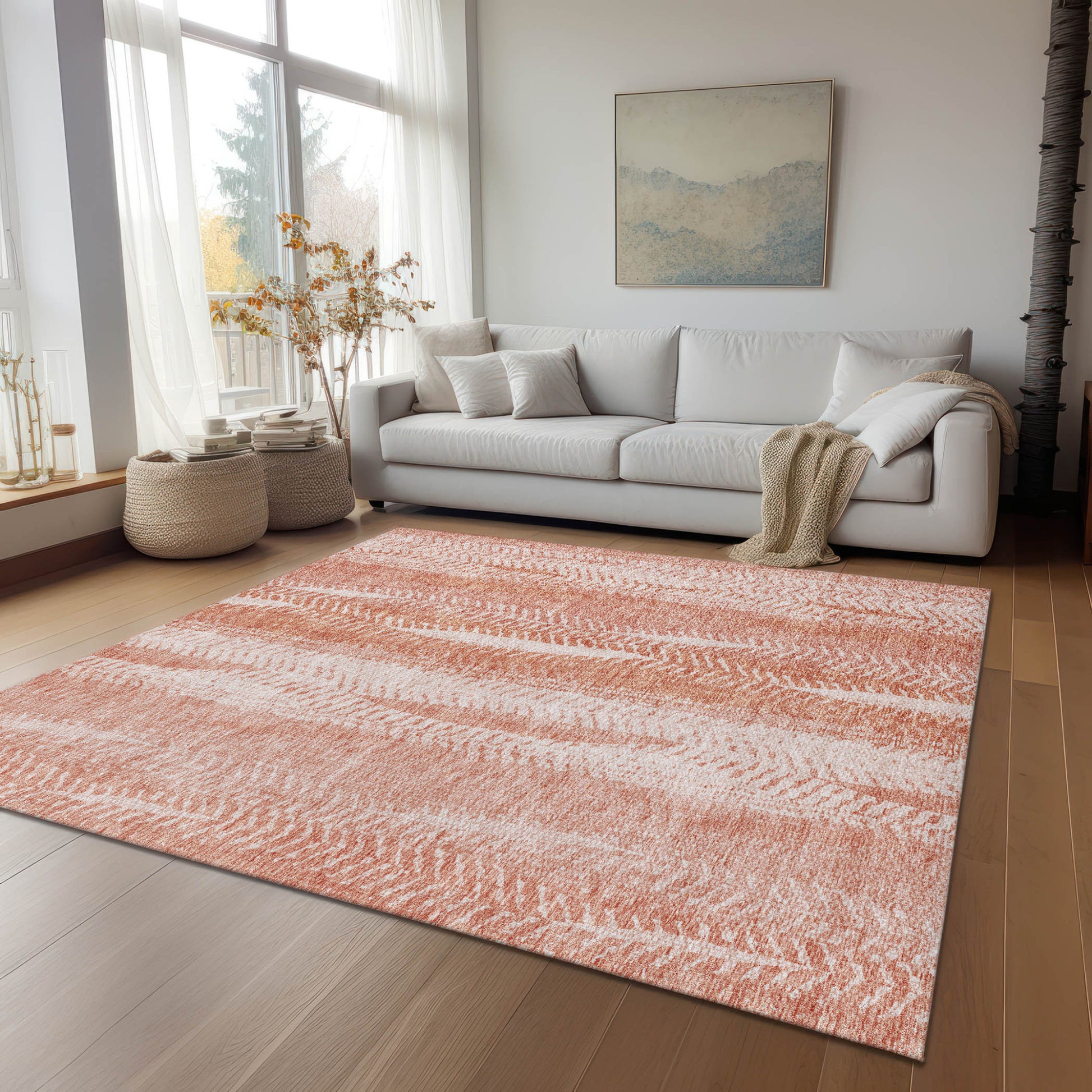 5' X 8' Orange And Salmon Botanical Leaves Washable Indoor Outdoor Area Rug-8