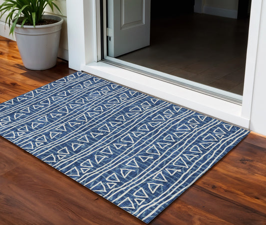 3' X 5' Navy Blue And Ivory Geometric Washable Indoor Outdoor Area Rug-0