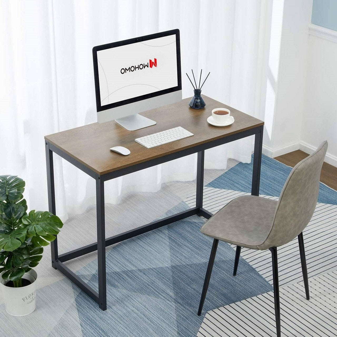 Modern Home Office Laptop Computer Desk Table with Black Metal Frame Wood Top-1